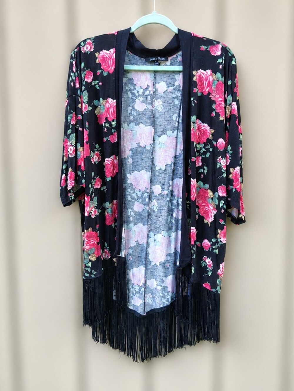 Sweet Rain Floral Kimono Fringe Large Cardigan Black Pink Shrug Boho Whimsigoth